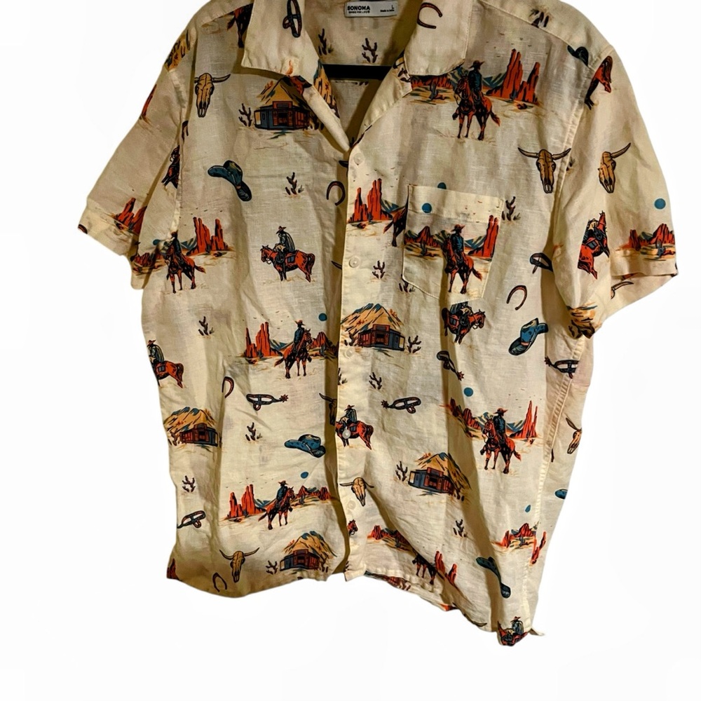 Sonoma Cowboy Print Casual Button Down Shirt - Beige